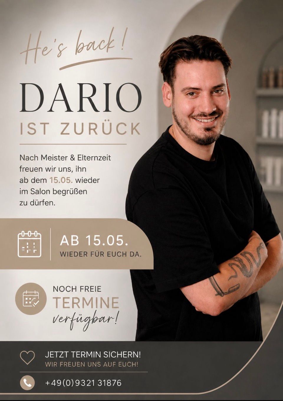 Nach bestandener Meisterprüfung ist Dario wieder zurück im Salon